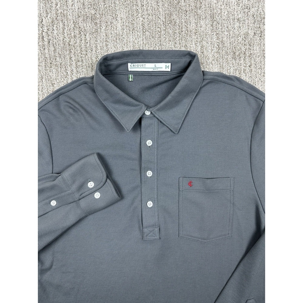 Criquet Polo Shirt Mens L Gray Long Sleeve Pima Cotton Slim Fit Pocket Pique